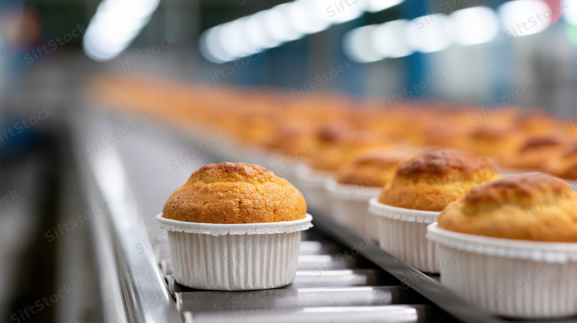 Golden-brown muffins in white paper cups moving along a conveyor belt in a factory