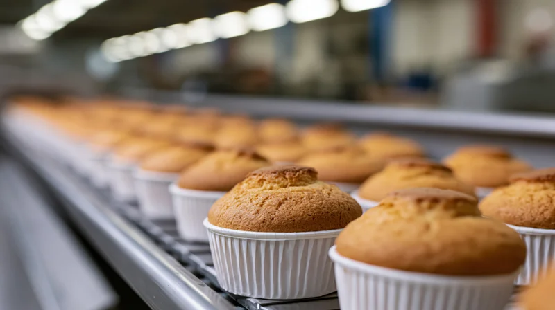 Rows of golden-brown muffins in white paper cups moving along a conveyor belt in a bakery factory