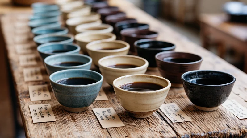 Rows of ceramic cupping bowls filled with coffee arranged on a wooden table with handwritten labels