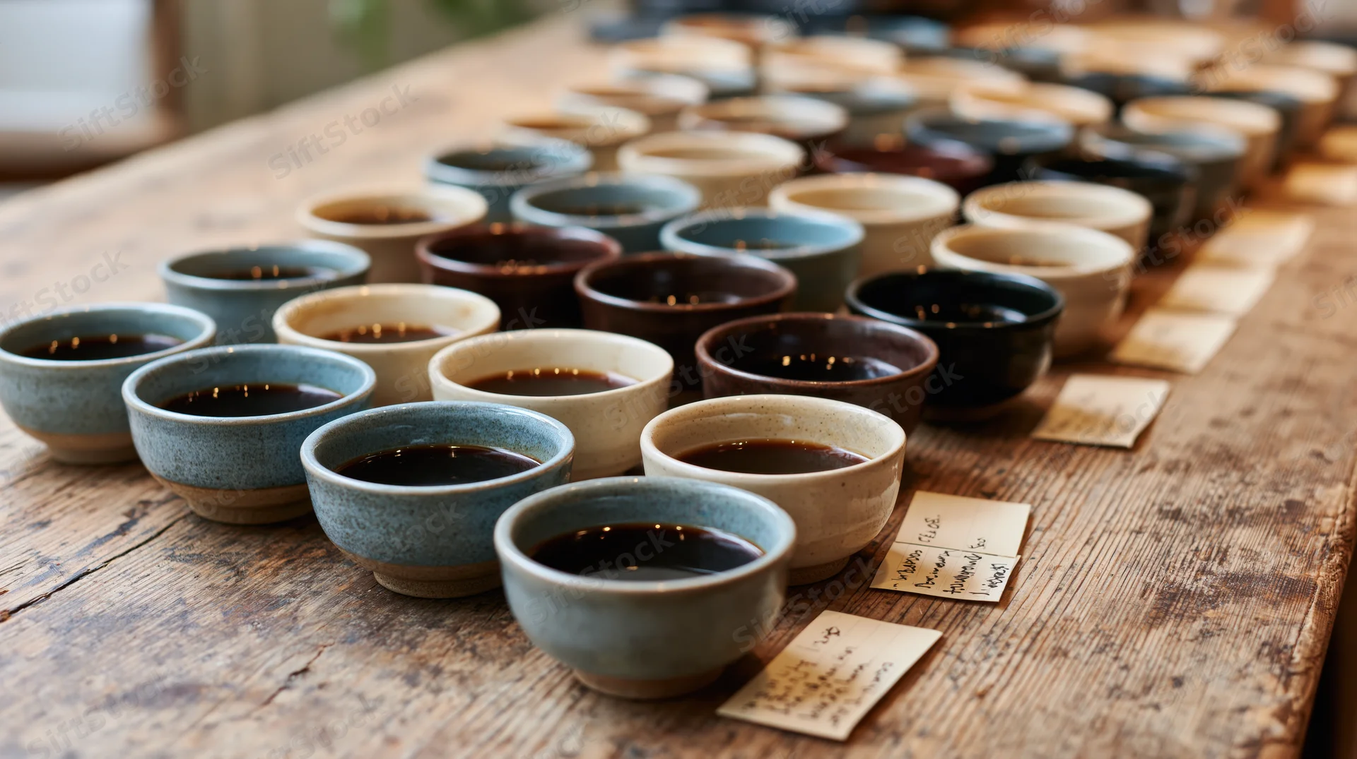 Rows of ceramic bowls filled with coffee arranged on a wooden table for tasting