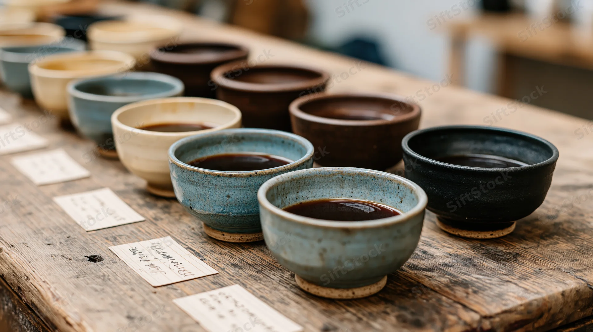 Rows of ceramic cupping bowls filled with coffee on a wooden table with handwritten labels