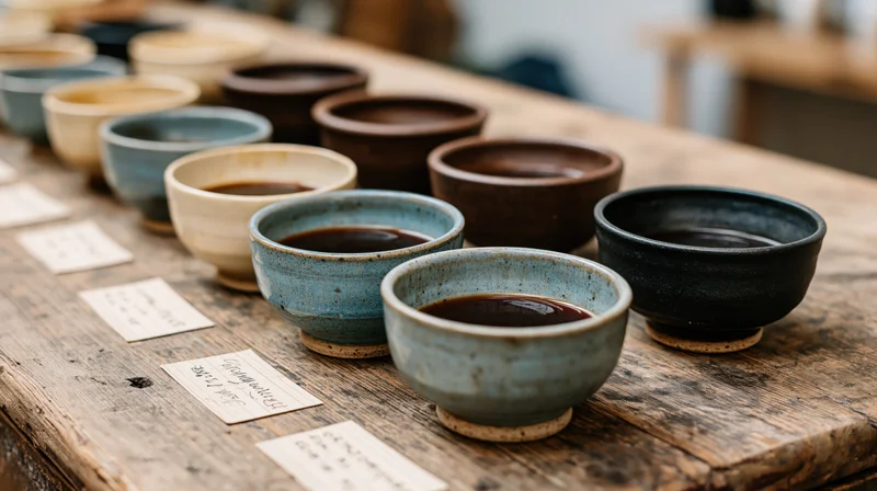 Rows of ceramic cupping bowls filled with coffee on a wooden table with handwritten labels