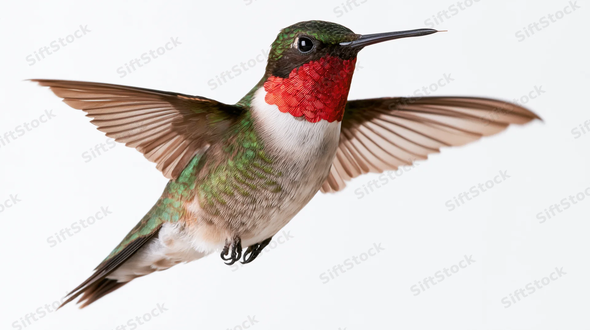 Ruby-throated hummingbird hovering mid-flight with wings spread against white background