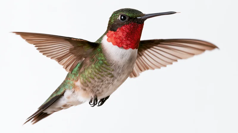 Ruby-throated hummingbird hovering mid-flight with wings spread against white background