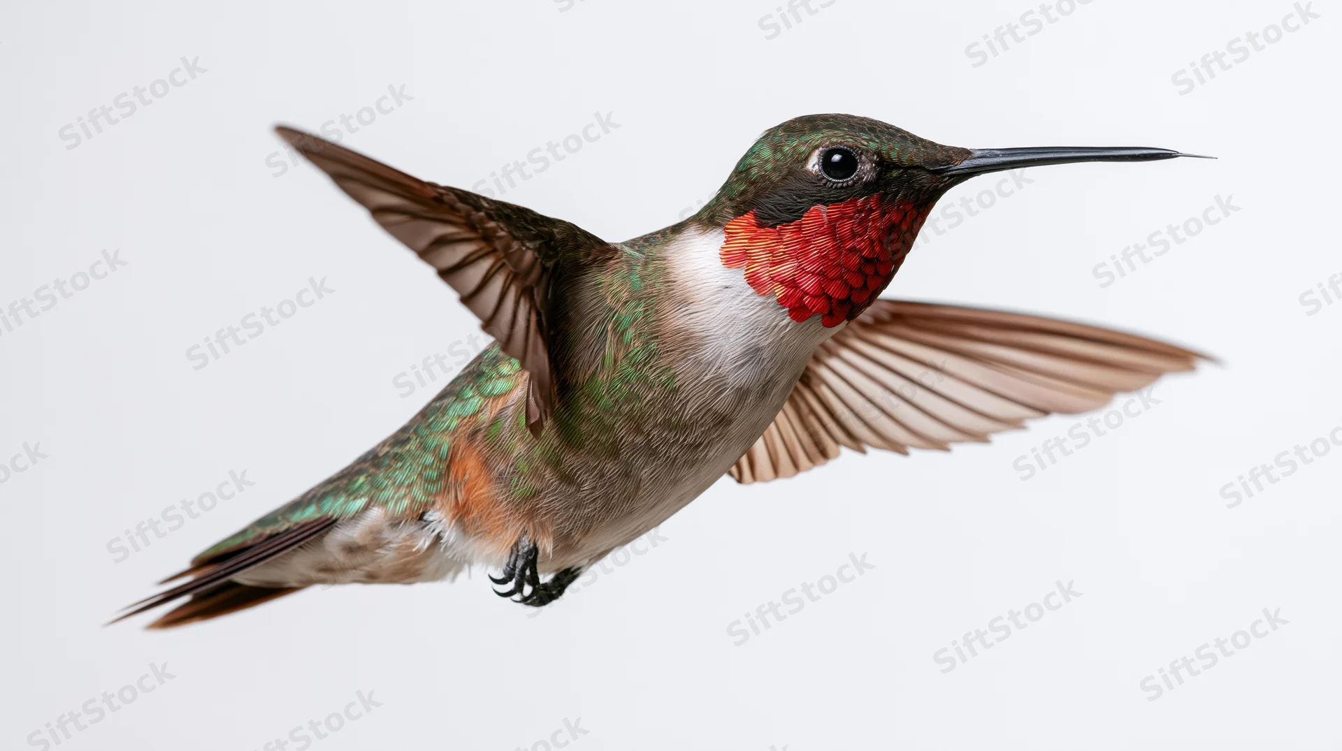 Ruby-throated hummingbird hovering mid-flight with wings spread against white background