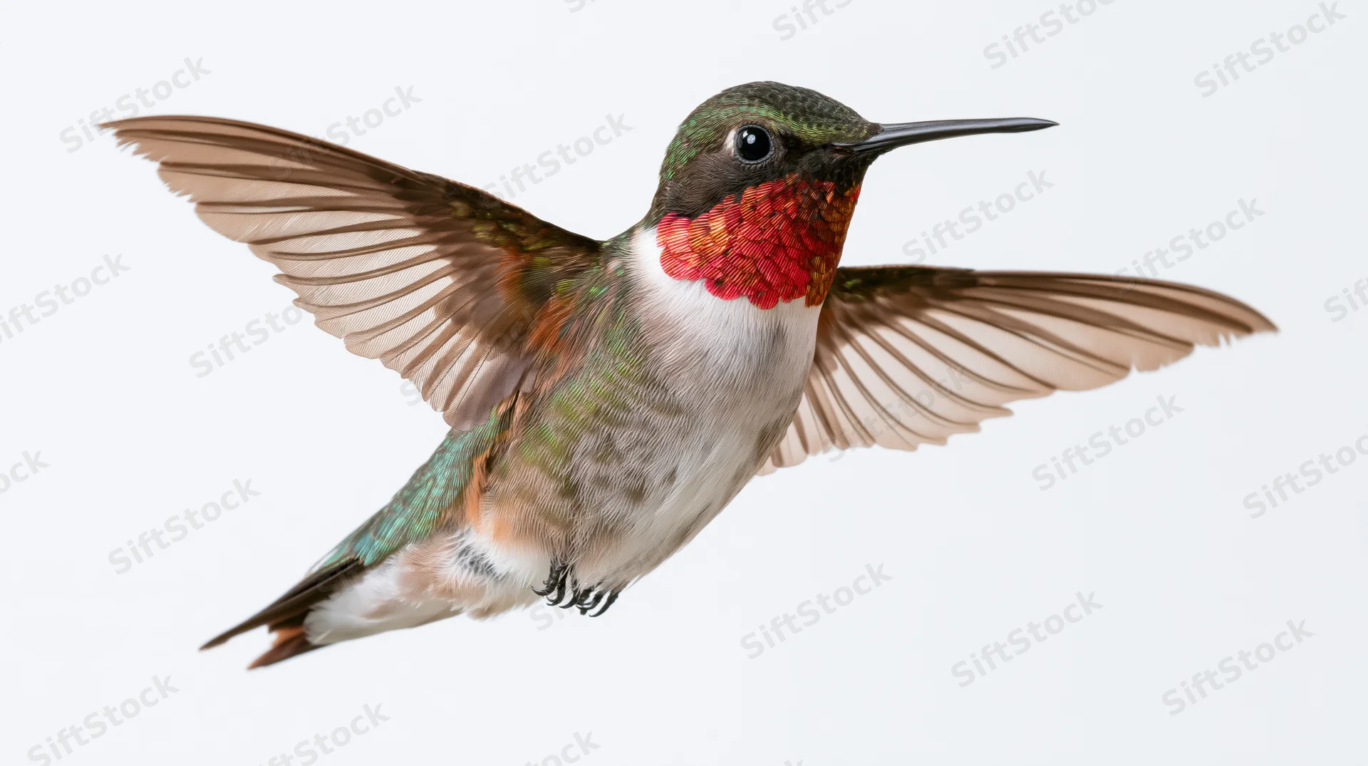 Ruby-throated hummingbird hovering mid-flight with wings fully extended against white background