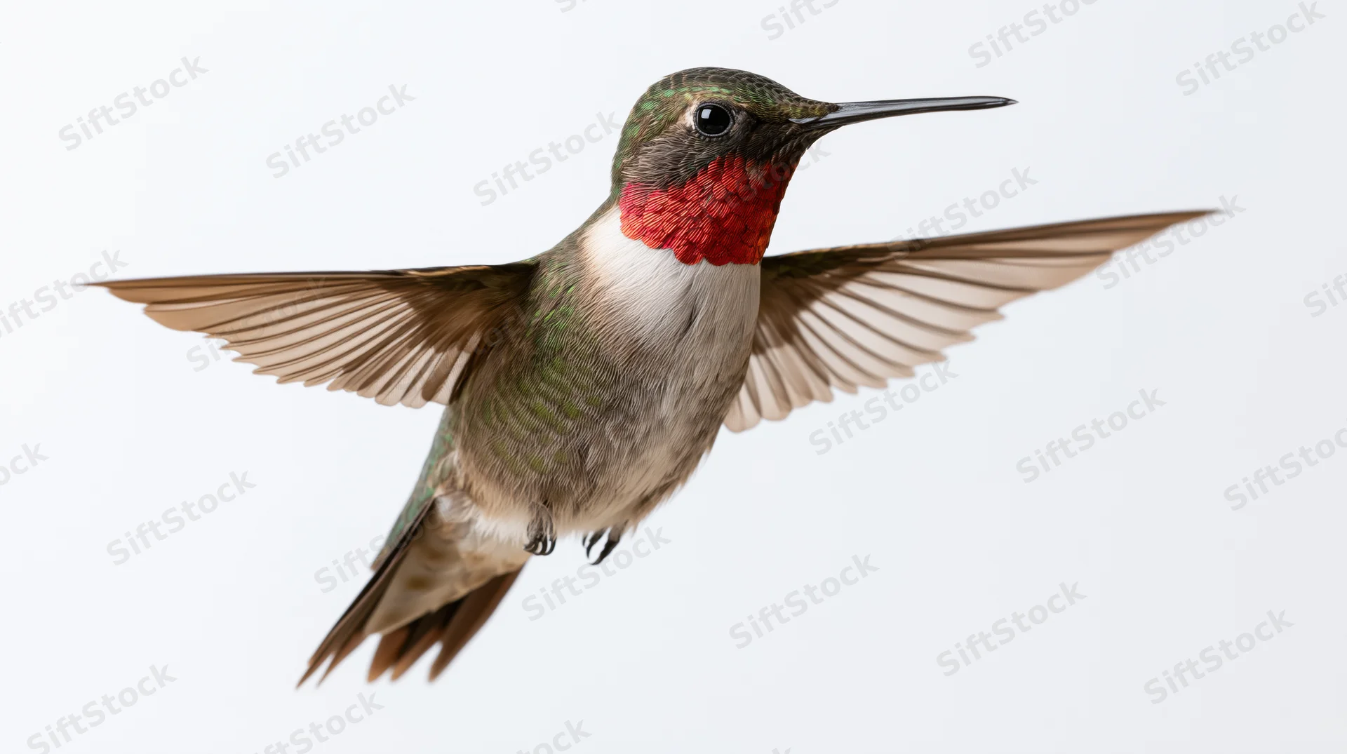 Ruby-throated hummingbird hovering mid-flight with wings fully extended against white background