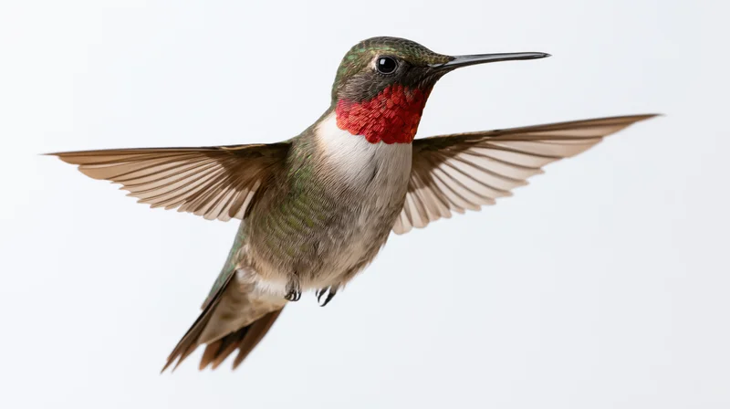 Ruby-throated hummingbird hovering mid-flight with wings fully extended against white background