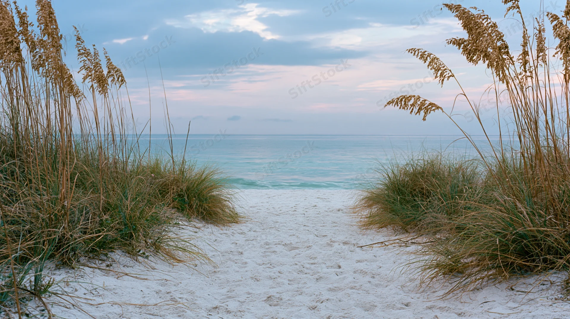 Sandy dune path opening to calm ocean framed by sea oats grass
