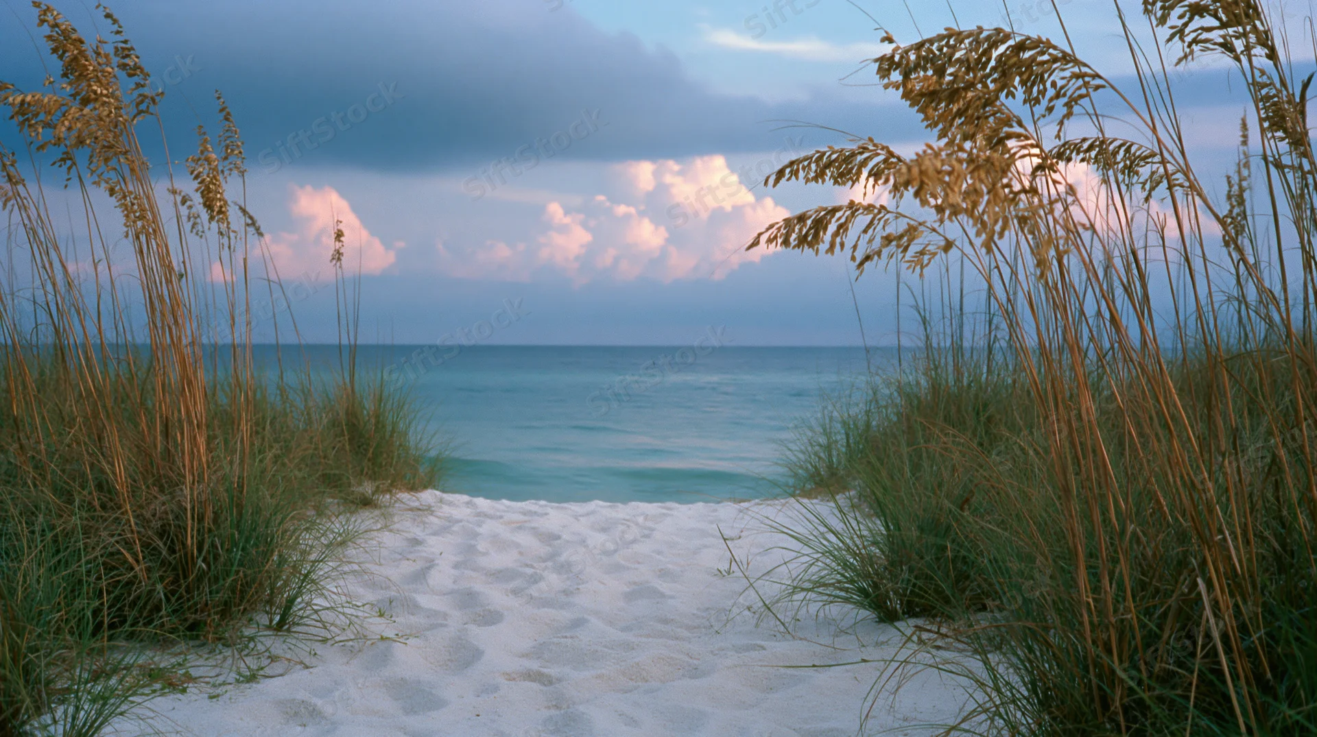 Sandy dune path leading to calm ocean framed by beach grass at dusk