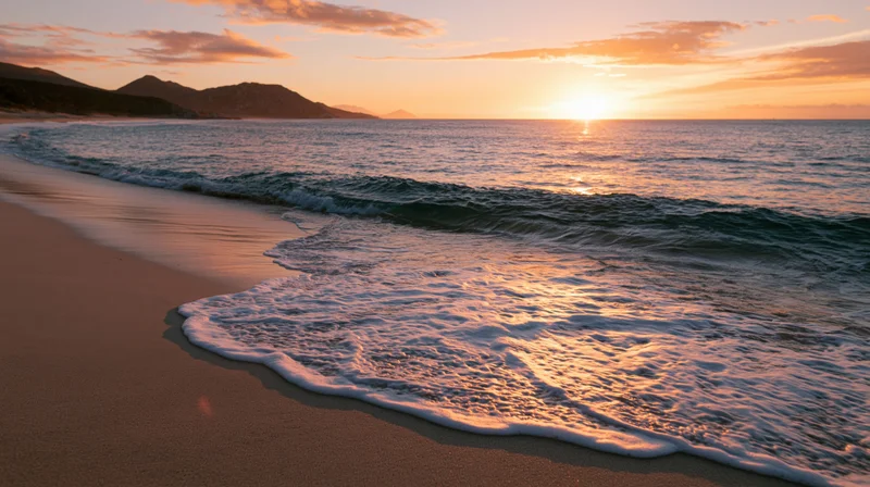 Gentle foamy wave rolling onto sandy beach at sunset with distant mountains and colorful sky