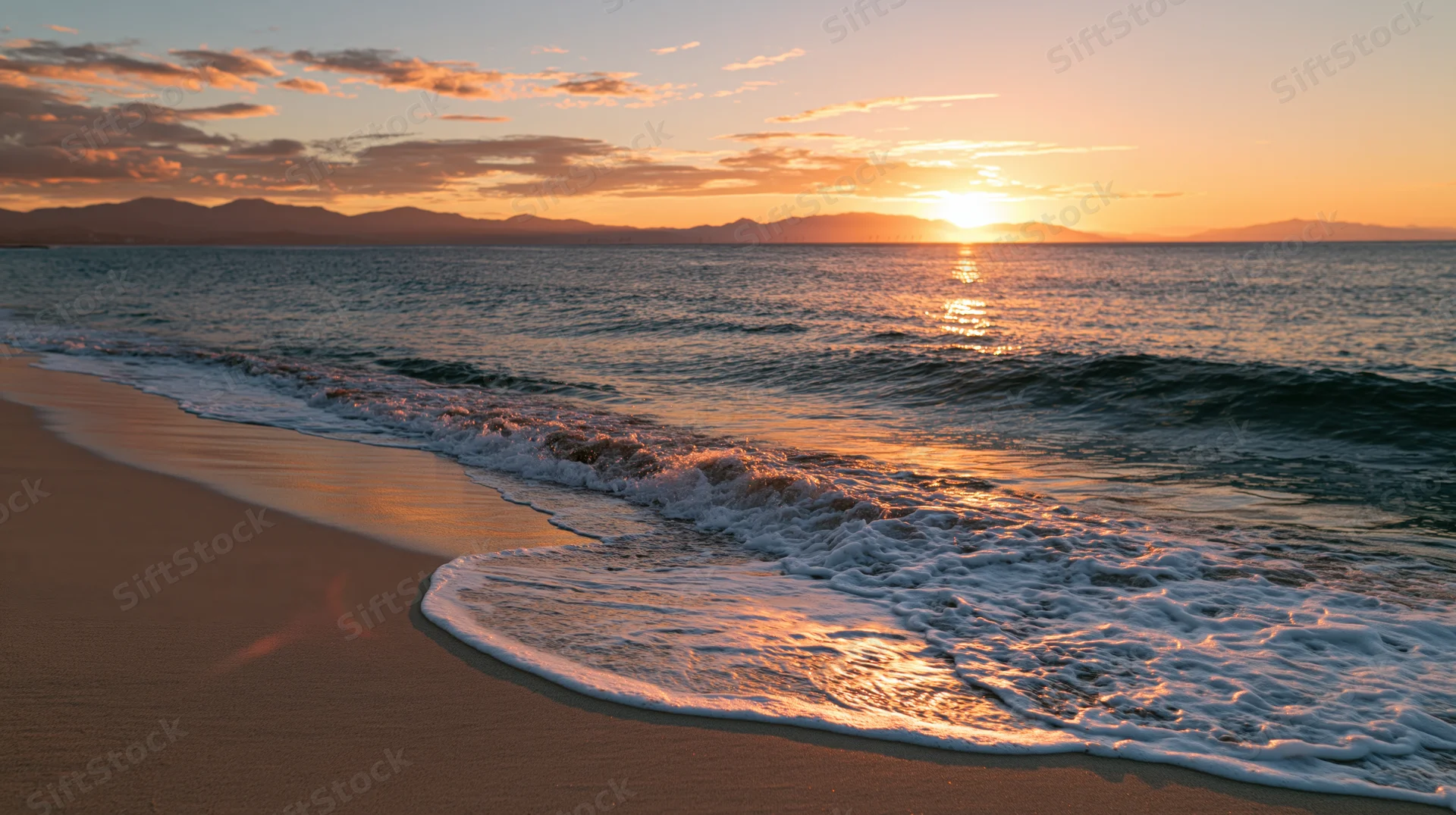 Gentle foamy wave rolling onto sandy beach at sunset with distant mountains on horizon