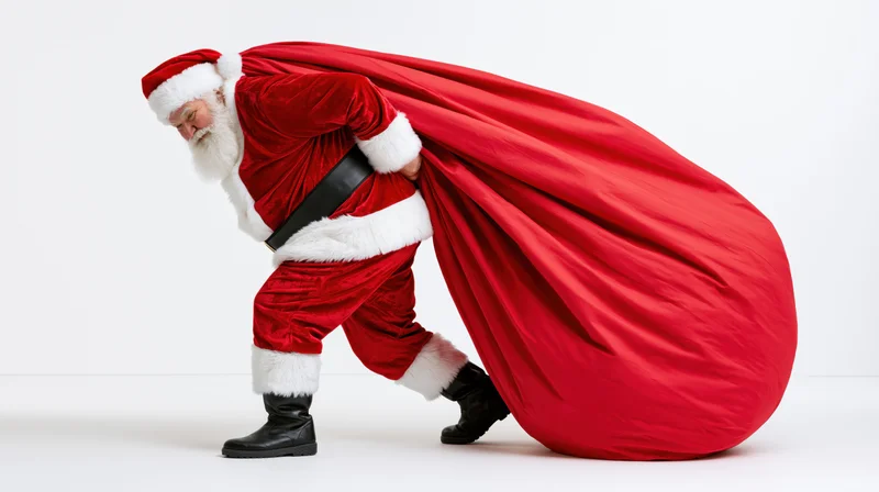 Santa claus straining to drag an oversized red sack in a studio setting