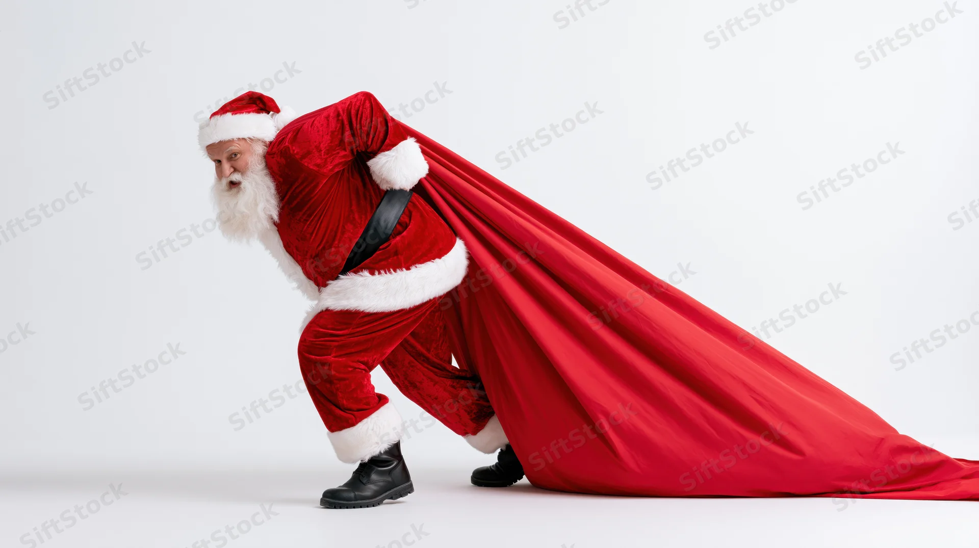 Santa claus straining to drag a large red sack in a studio setting