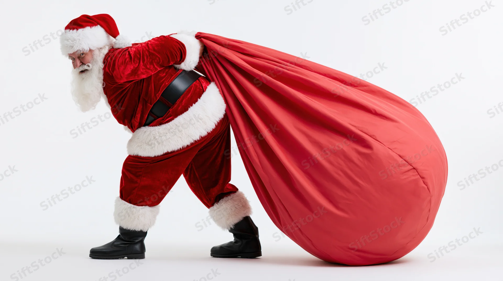 Santa claus straining to drag an oversized red sack in a studio setting