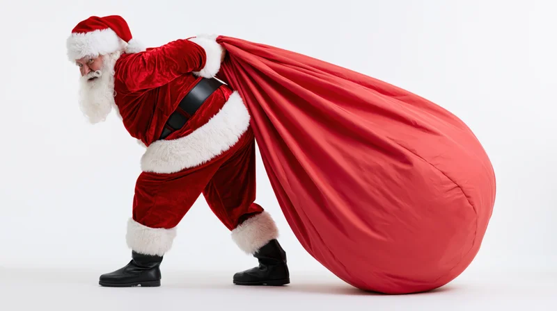 Santa claus straining to drag an oversized red sack in a studio setting