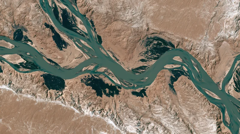 Satellite view of a river delta winding through arid terrain