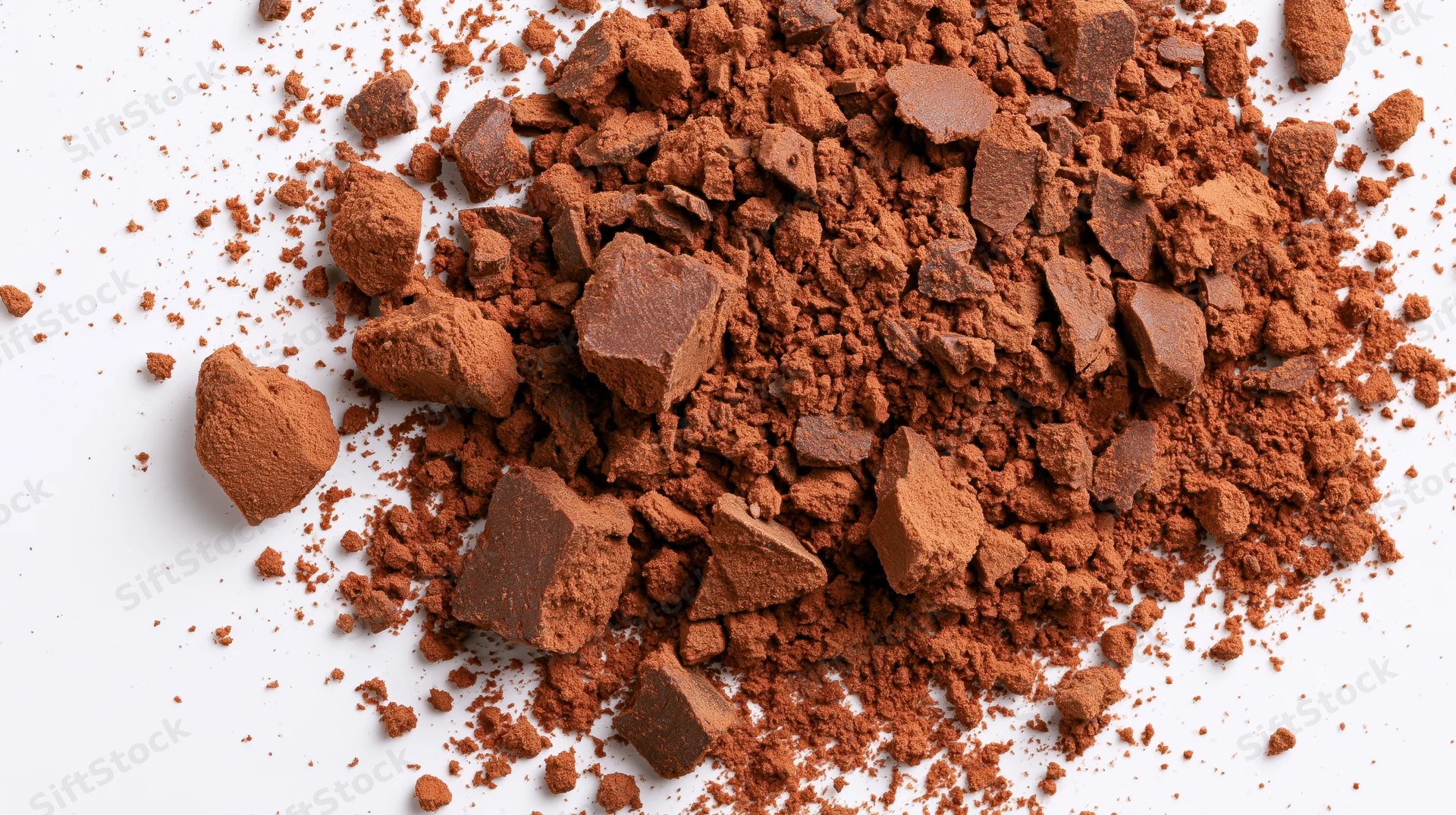 Cocoa powder and chocolate chunks scattered on white background