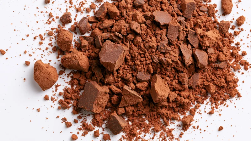 Cocoa powder and chocolate chunks scattered on white background