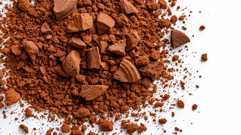 Cocoa powder and chocolate chunks scattered on white surface