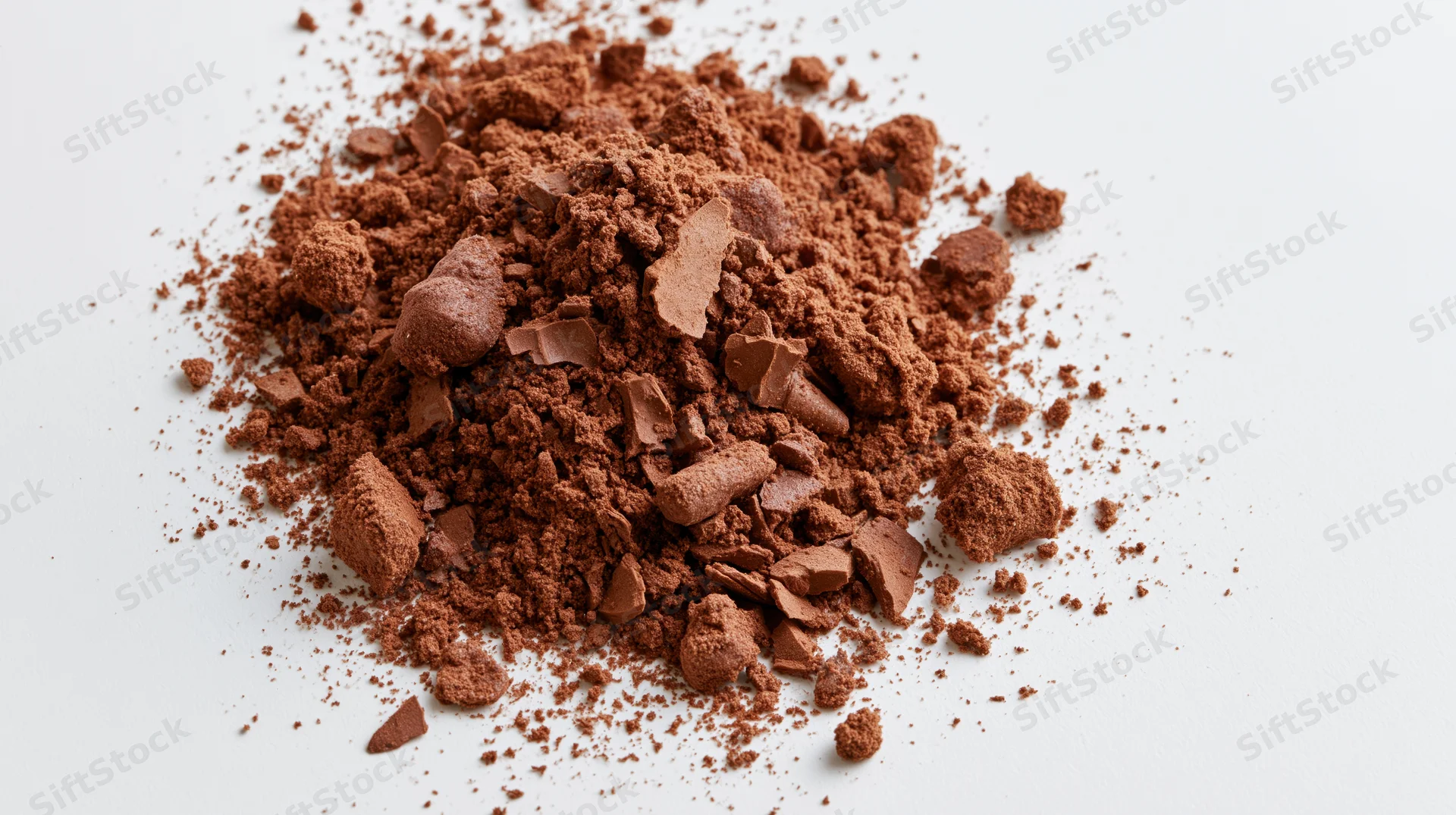 Cocoa powder and chocolate chunks scattered in a heap on a white surface