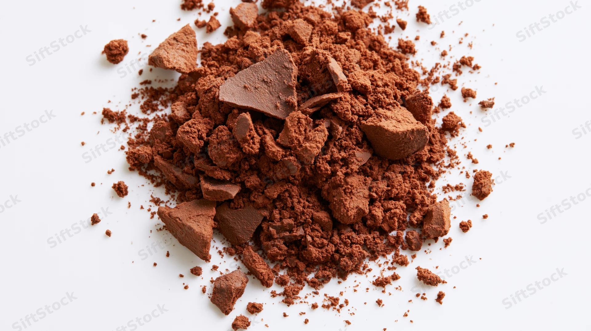 Cocoa powder and chocolate chunks scattered on white surface