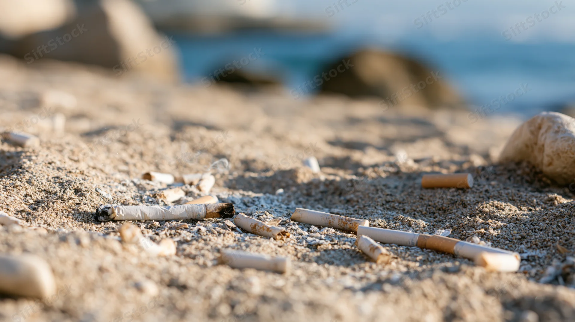 Cigarette butts and ash scattered on sandy beach near ocean shore