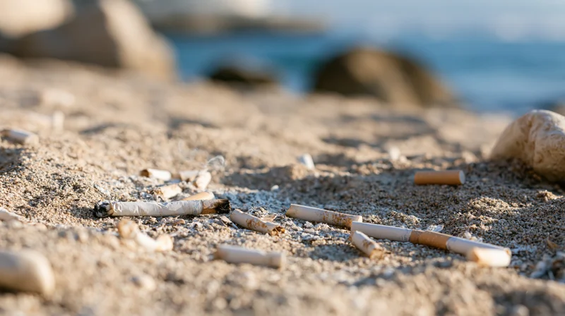 Cigarette butts and ash scattered on sandy beach near ocean shore