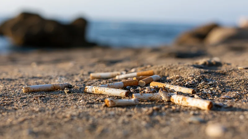 Cigarette butts scattered on sandy beach near ocean shore