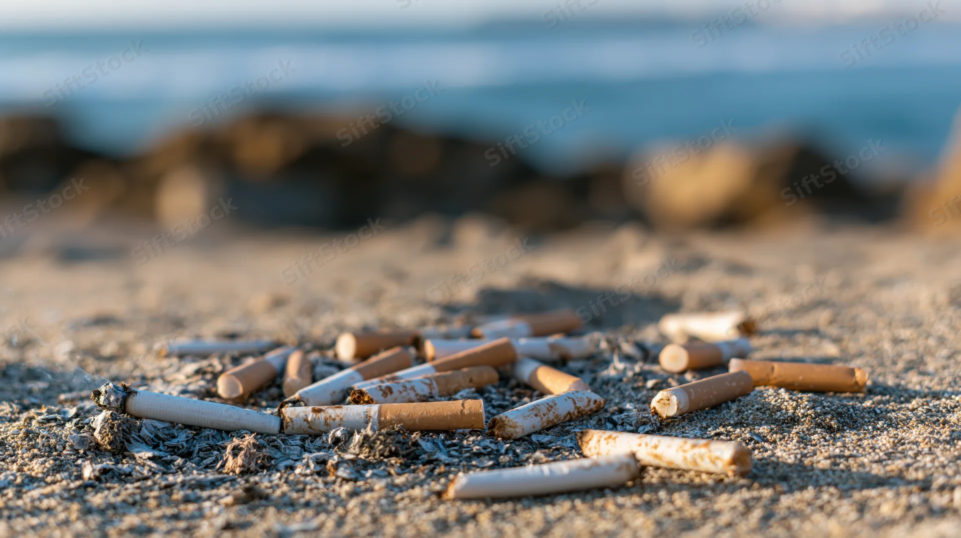 Cigarette butts and ash scattered on sandy beach near ocean