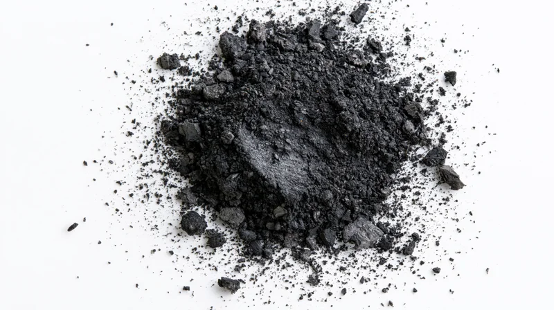 Scattered pile of dark grey charcoal dust and crushed ash on white background
