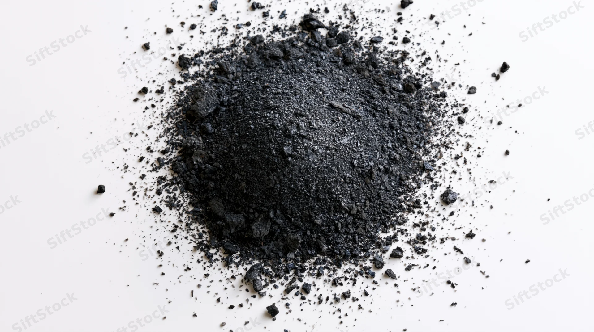 Scattered pile of dark charcoal dust and ash on white surface