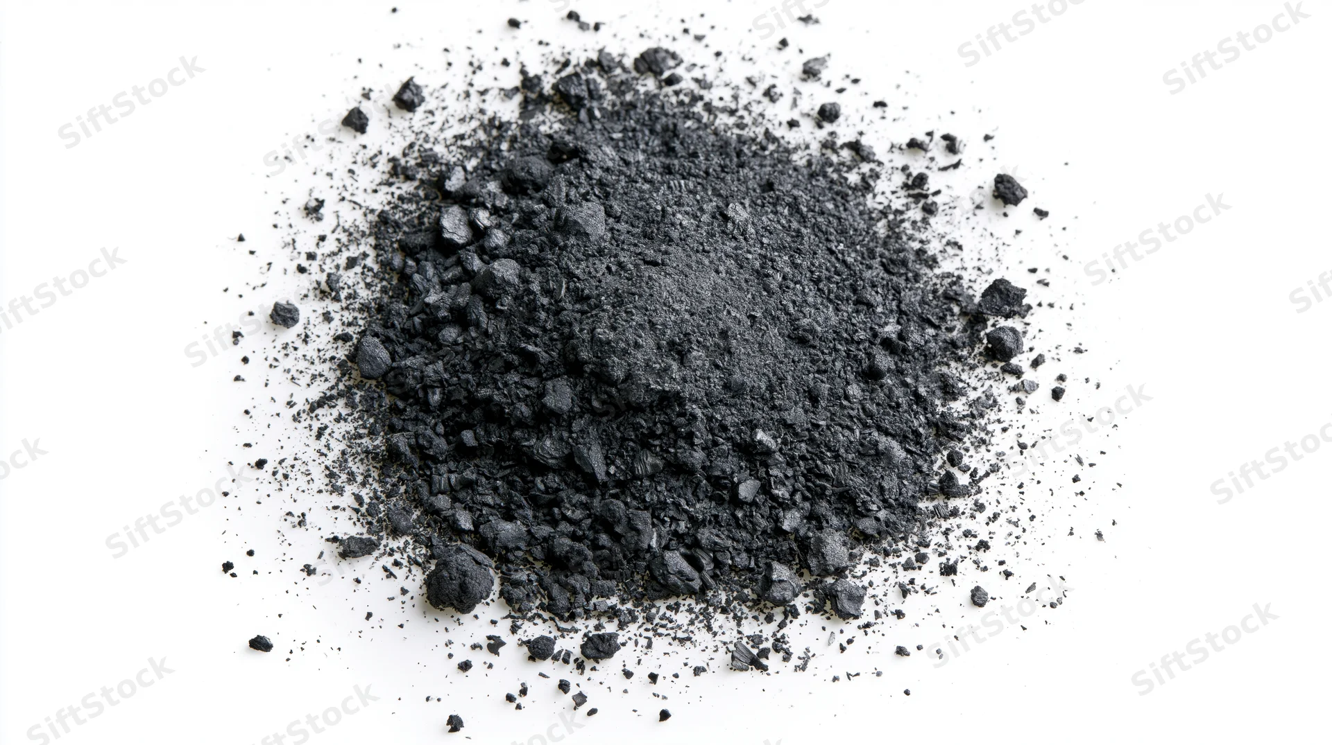 Scattered pile of dark grey charcoal dust and crushed ash on white background