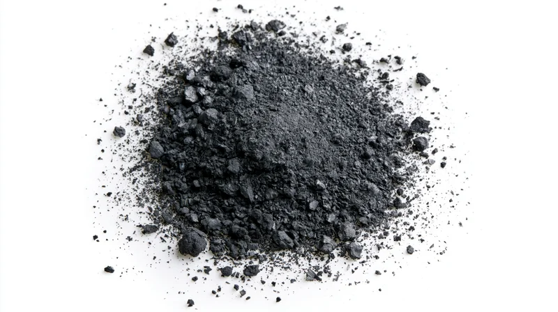 Scattered pile of dark grey charcoal dust and crushed ash on white background