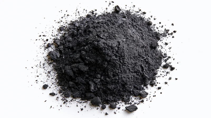 Scattered pile of dark grey charcoal dust and crushed ash on white background
