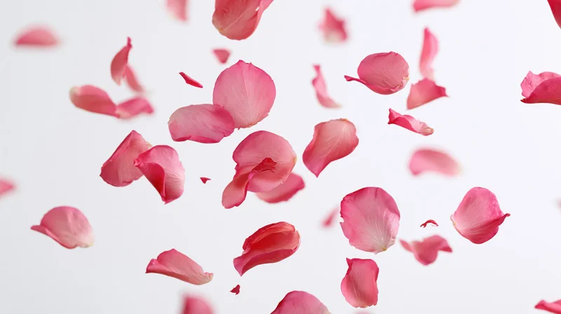 Pink rose petals floating midair against white background