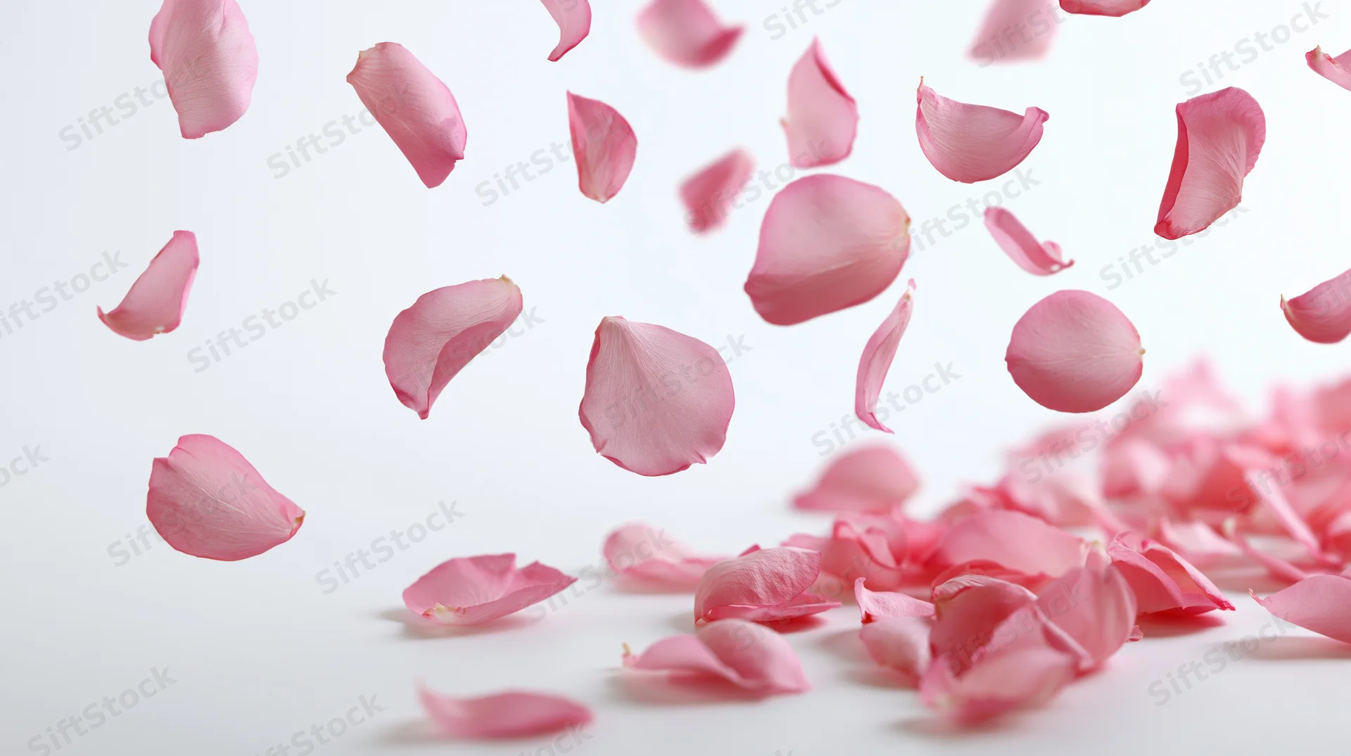 Pink rose petals floating and falling midair against a white background