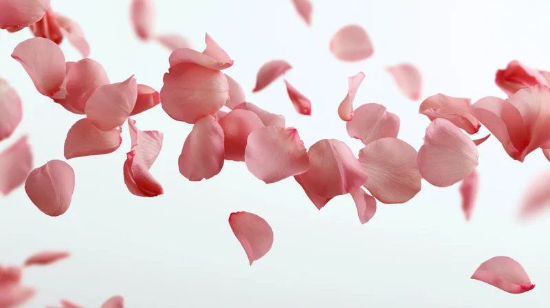 Pink rose petals floating and falling midair against a white background