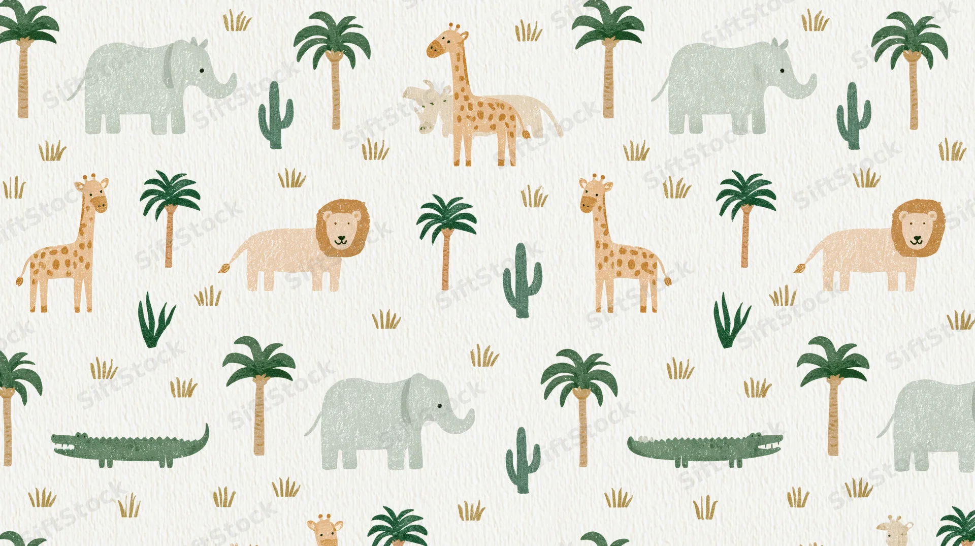 Seamless repeating childrens fabric pattern with handdrawn jungle animals and plants on a light background