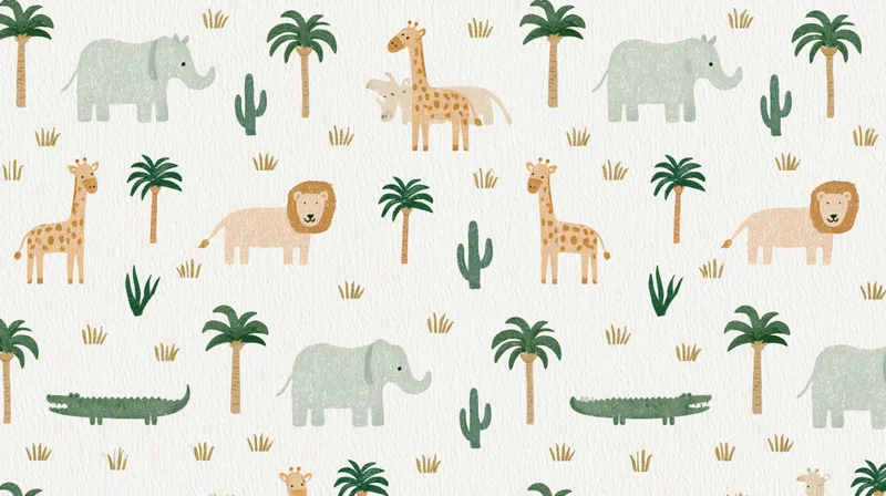 Seamless repeating childrens fabric pattern with handdrawn jungle animals and plants on a light background