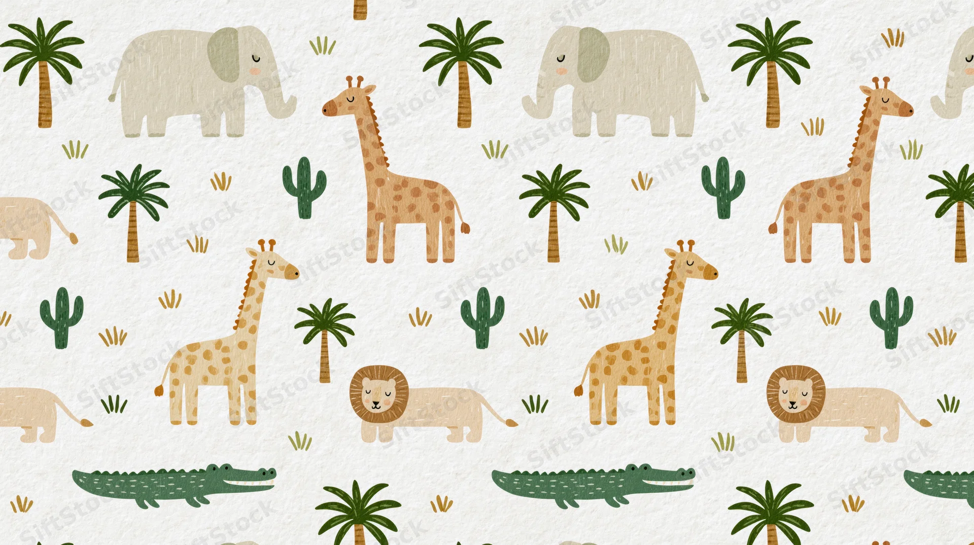Seamless repeating pattern of cartoon animals and plants on a light textured background