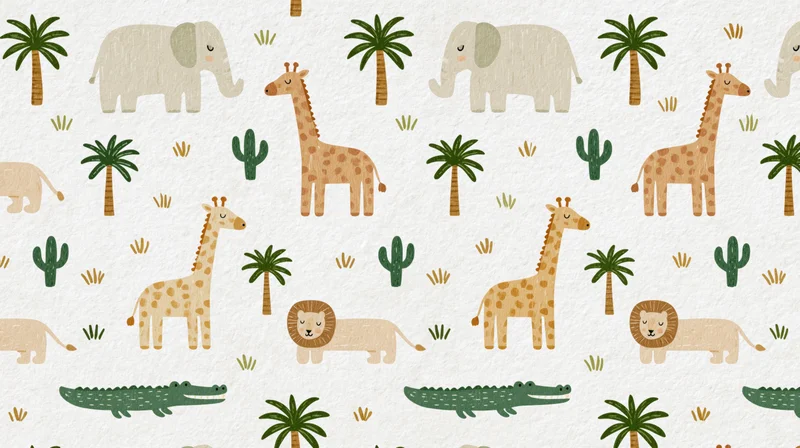 Seamless repeating pattern of cartoon animals and plants on a light textured background