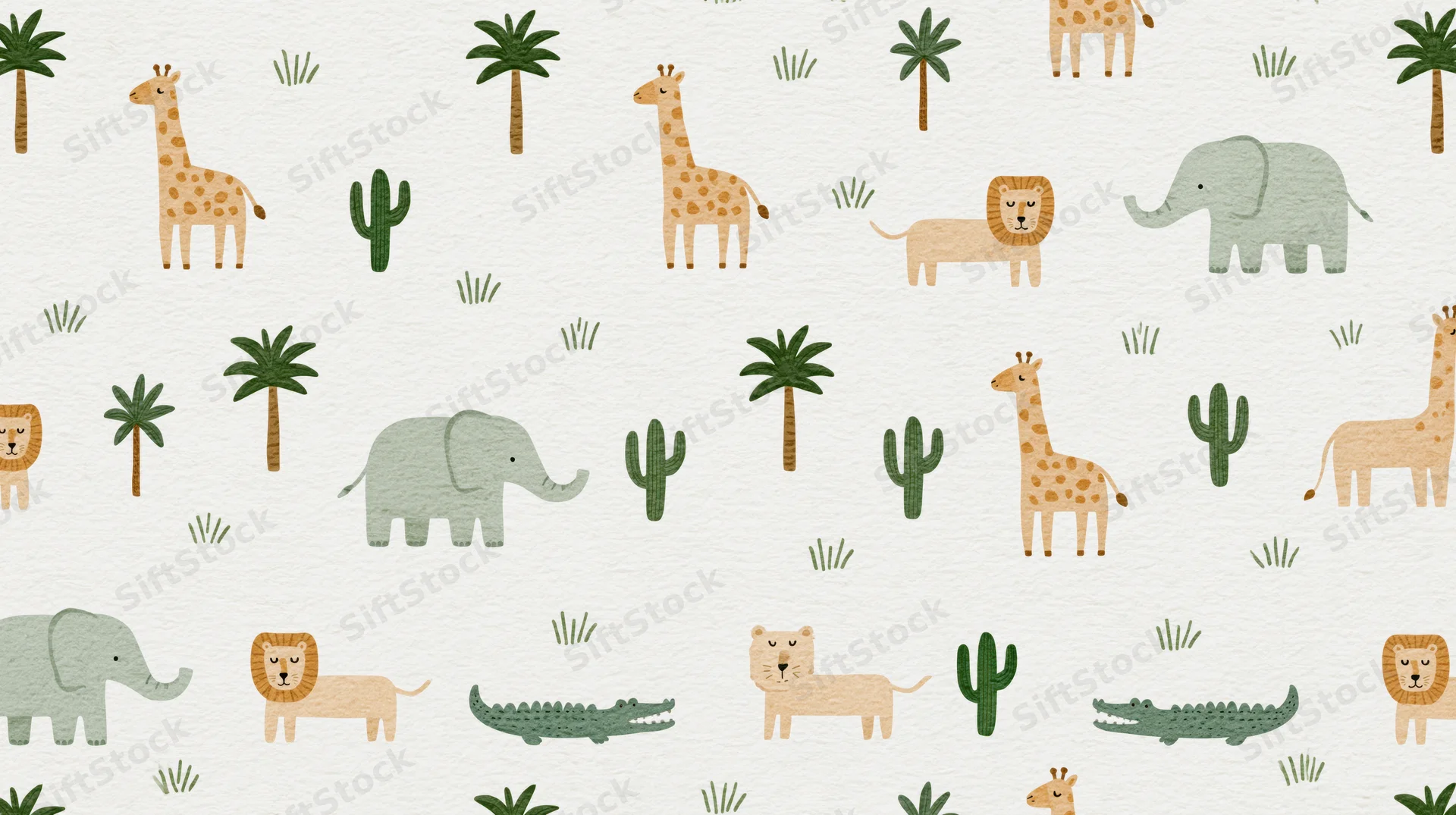 Seamless repeating childrens fabric pattern with hand-drawn jungle animals and plants on textured white background