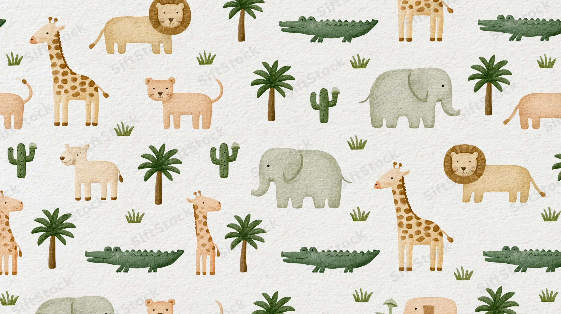 Seamless repeating pattern of cartoon jungle animals and plants on light textured background