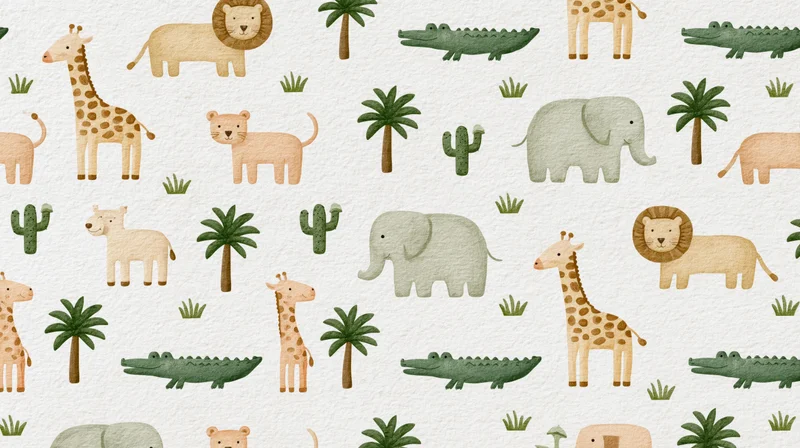 Seamless repeating pattern of cartoon jungle animals and plants on light textured background