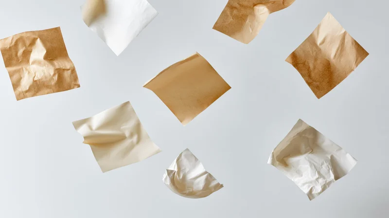 Crumpled sheets of white and brown paper floating midair against a light gray background