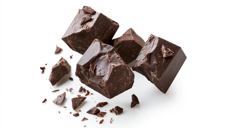 Broken dark chocolate chunks suspended midair against white background