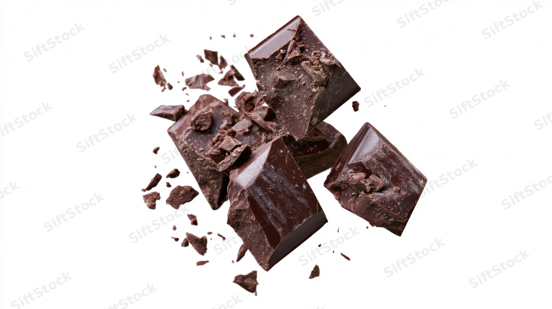 Broken dark chocolate chunks suspended midair against white background