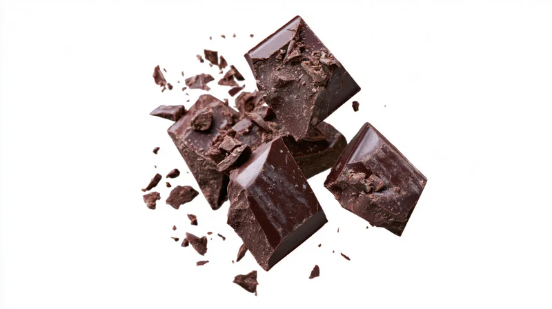 Broken dark chocolate chunks suspended midair against white background