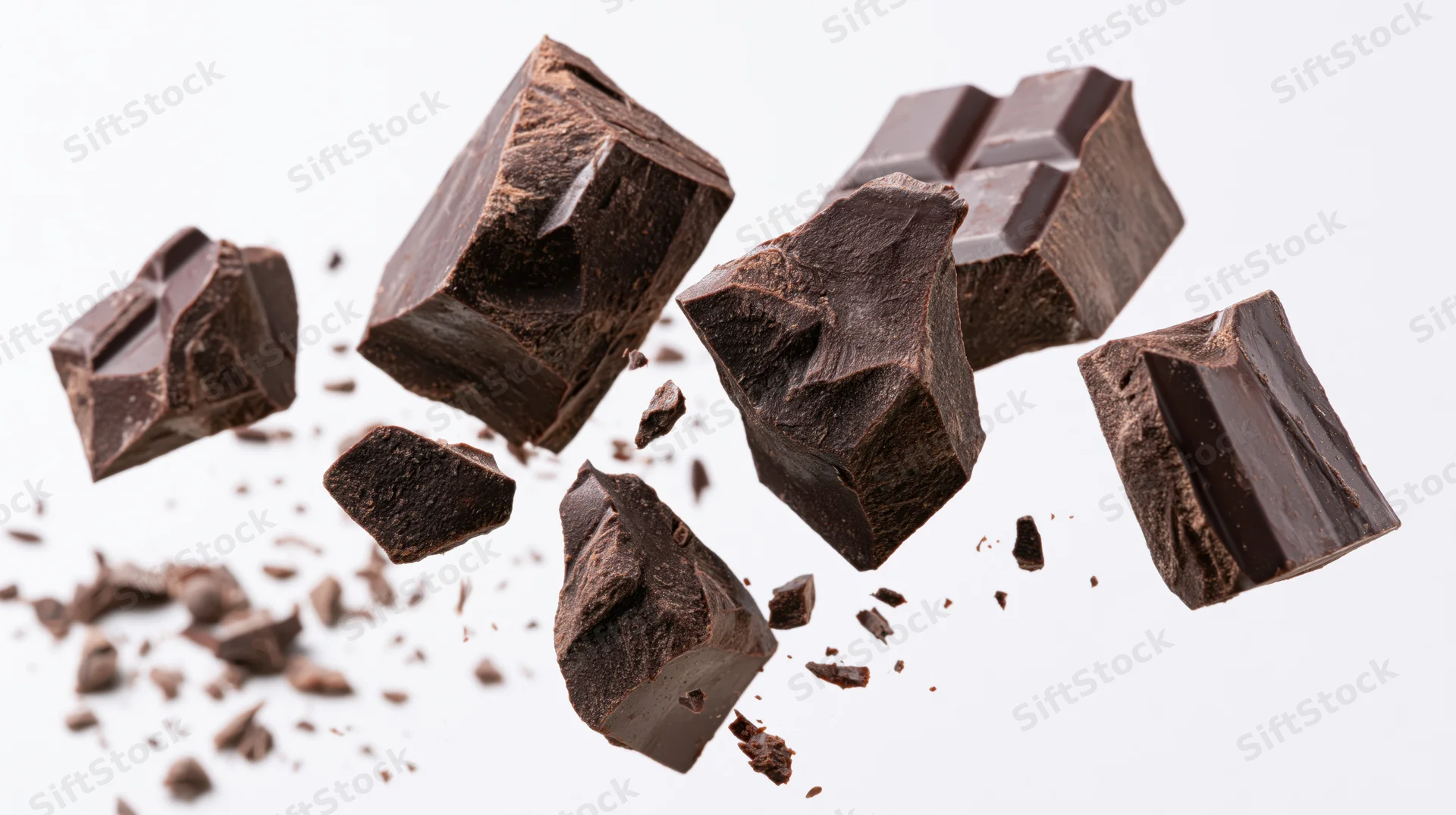 Broken dark chocolate chunks suspended midair against white background